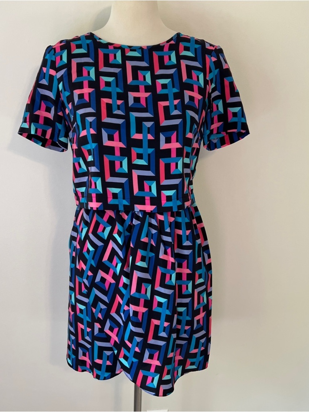 Amanda Uprichard Silk Dress Small Geometric Print Short Sleeve teal pink